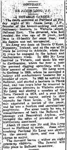 Obituary for James Long. Ballarat Star. March 6, 1916.