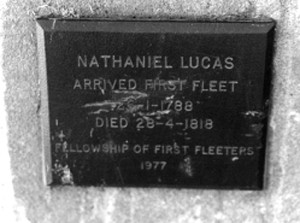 A plaque to the memory of First Fleeter, Nathaniel Lucas, at Liverpool, NSW.