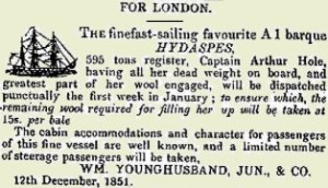 An advertisement in the South Australian 'Register' newspaper for the Hydaspes return journey. December 12, 1851.