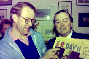 3AW producer Graeme Walton and Bob Clavan at Uncle Roy's Nostalgia Boutique. August 1985.